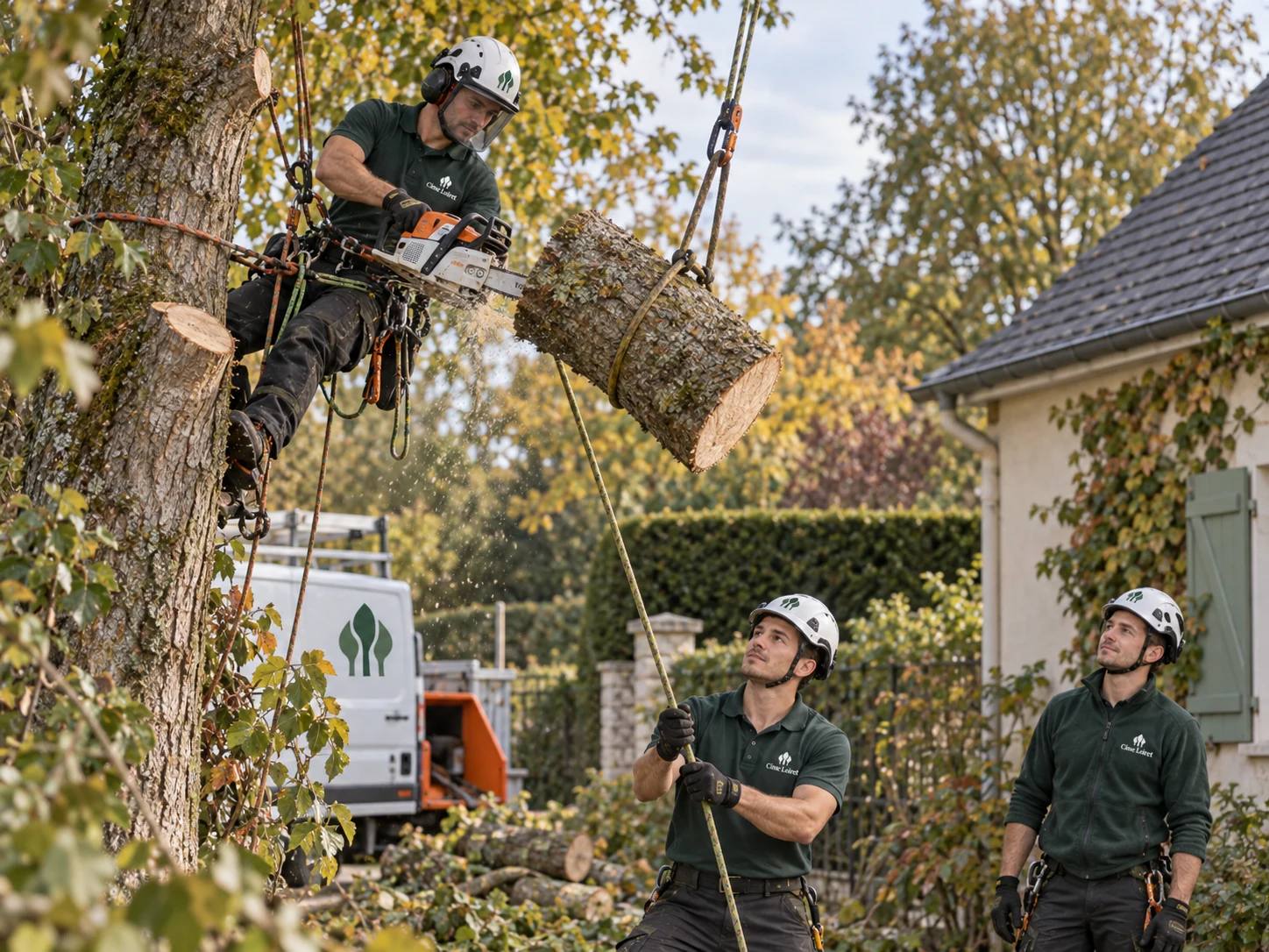 Démontage contrôlé d’un arbre par l’équipe Cime Loiret avec un système de rétention