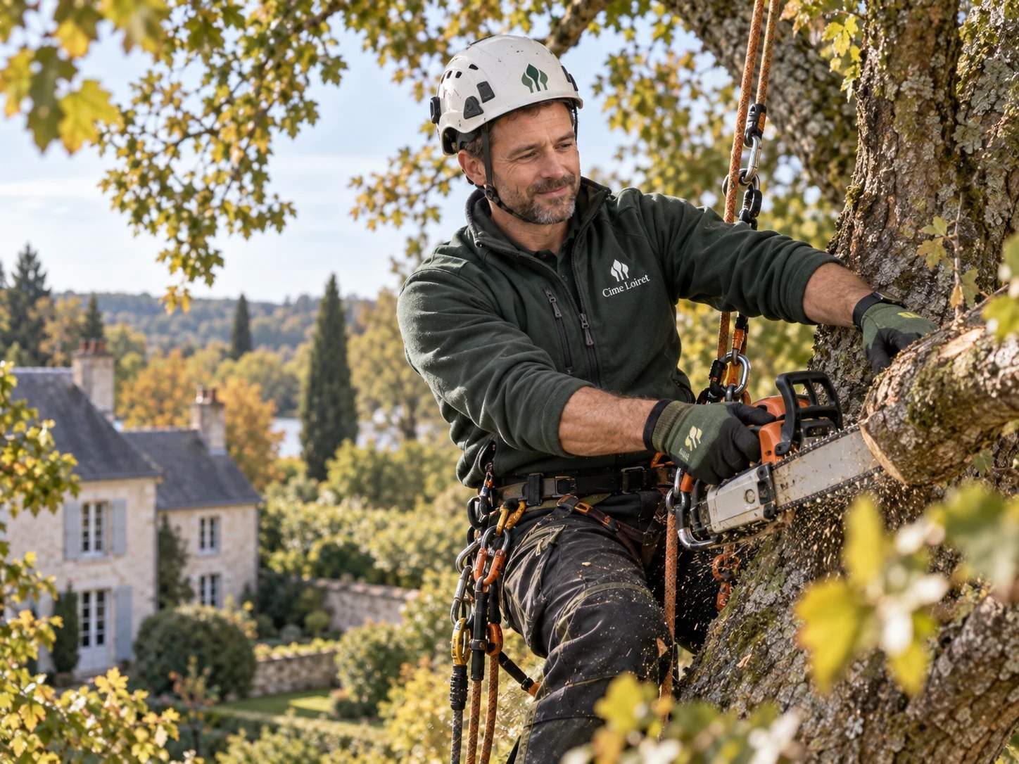 Mathieu Delmas en intervention dans un grand arbre