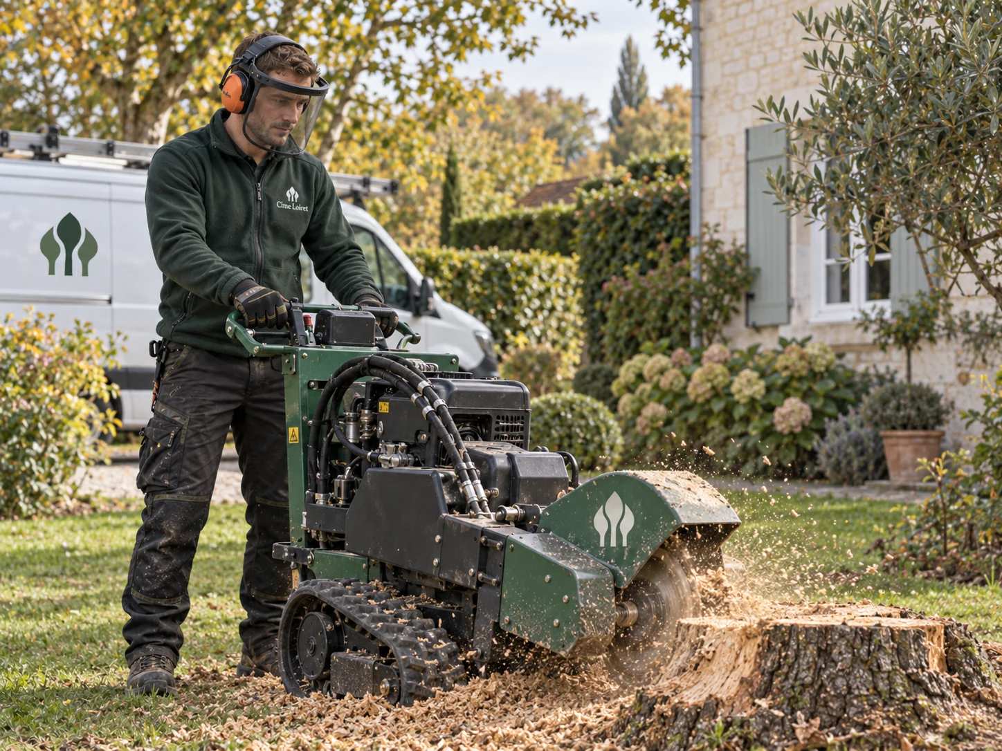 Opérateur Cime Loiret utilisant une rogneuse de souche dans un jardin